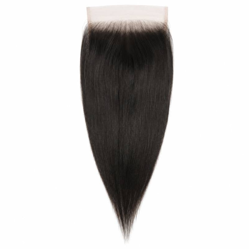 Whole natural black straight lace closure hair extensions piece shown from the front with the lace panel and smooth hair below