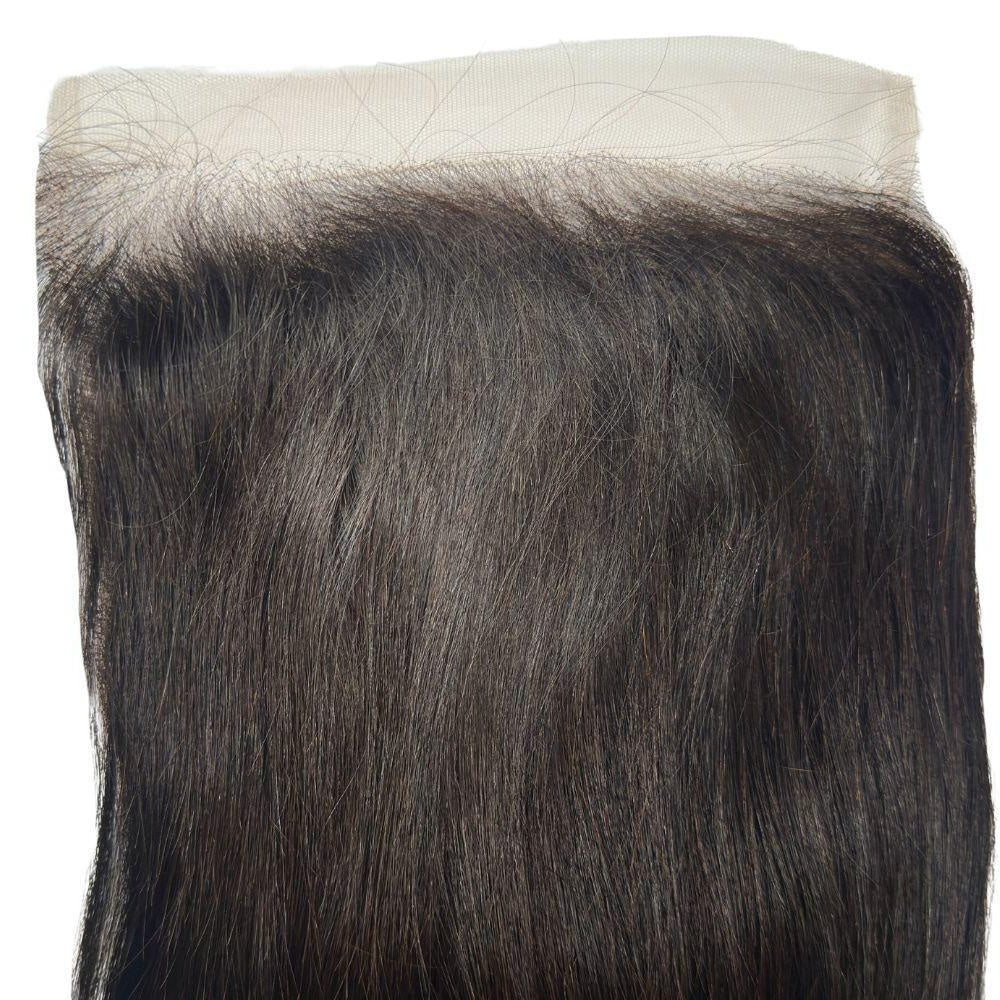 Straight 7x7 HD Lace Closure - lace hairline close-up, hair attached