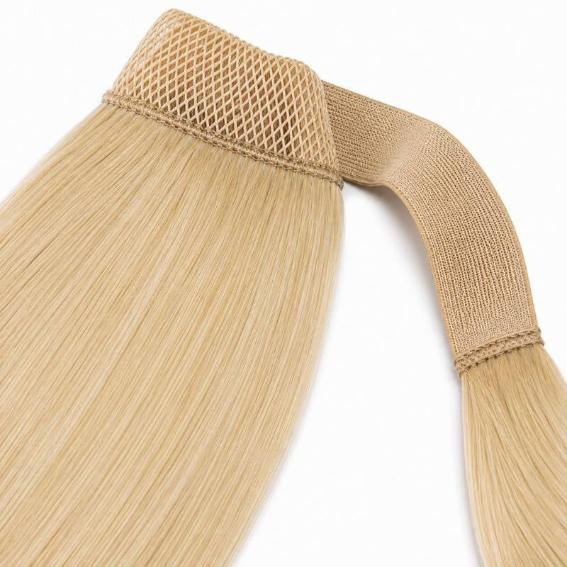 Close-up of the mesh top and wrap strap on blonde straight ponytail hair extensions laid flat