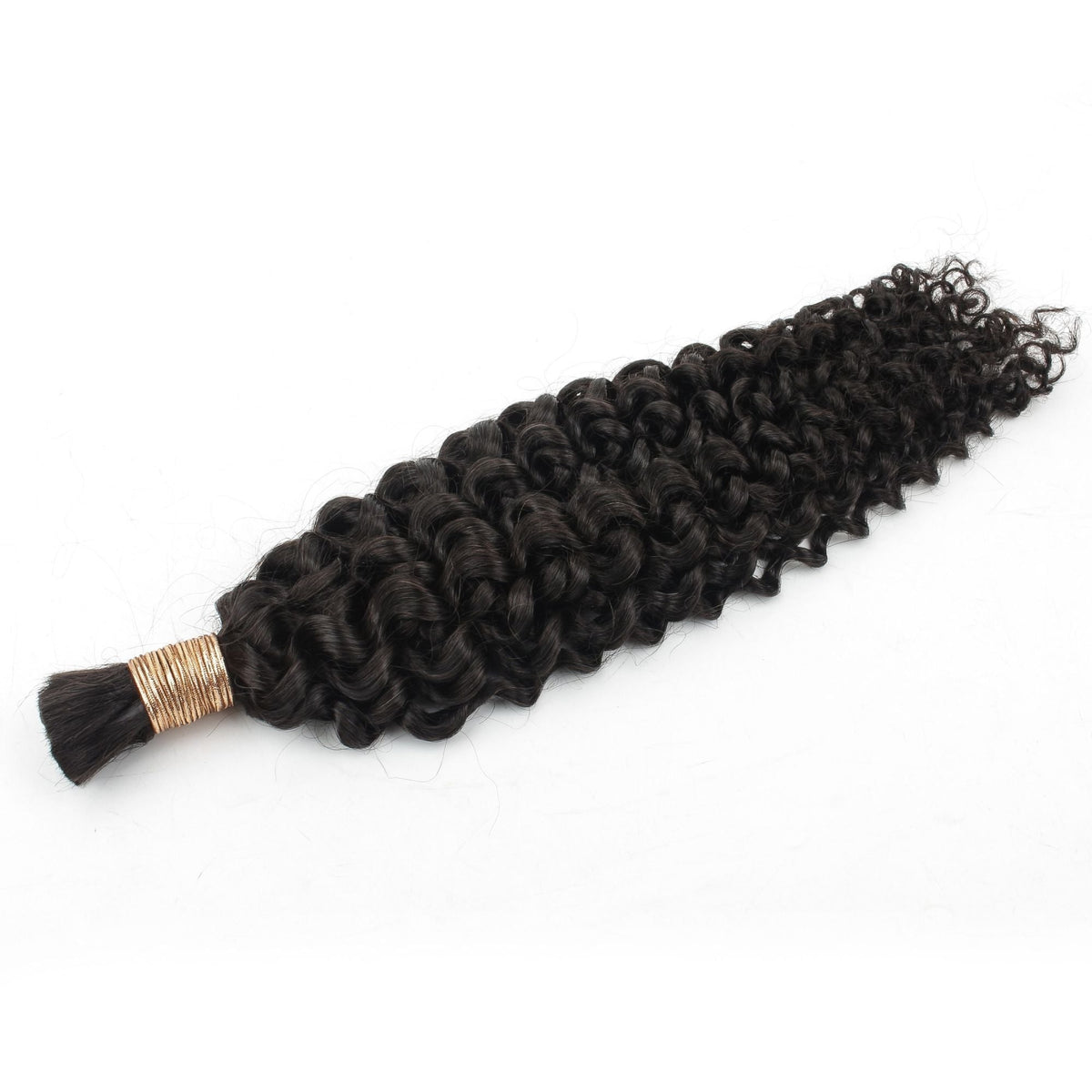 Natural black water wave bulk braiding hair extensions laid flat with the gold band and the blunt cut end in view