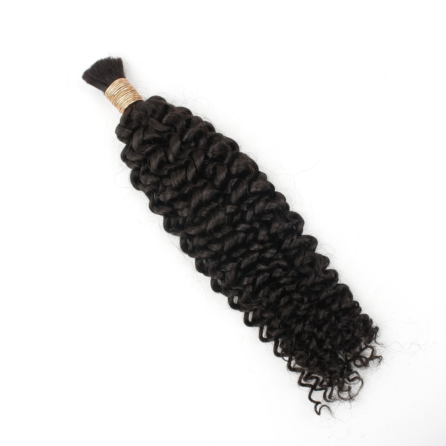 Bundle of natural black water wave bulk braiding hair extensions bound with a gold band and laid diagonally on a white background