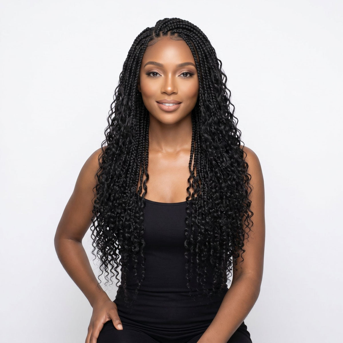 Model wearing boho knotless braids with water wave curly ends in natural black crochet hair extensions, front view on a white background