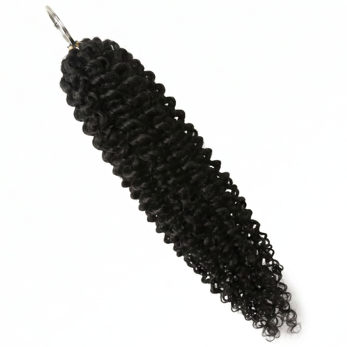 Full hank of natural black water wave crochet hair extensions laid diagonally on white with the metal ring at the top