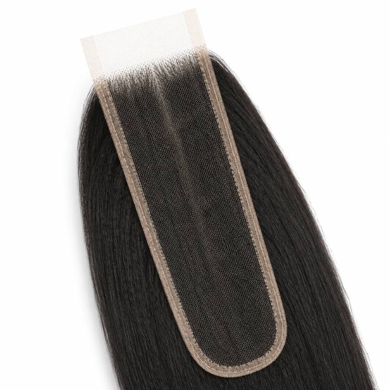 Close-up of the long narrow lace base on yaki straight natural black hair extensions showing knots and the bound rounded edge