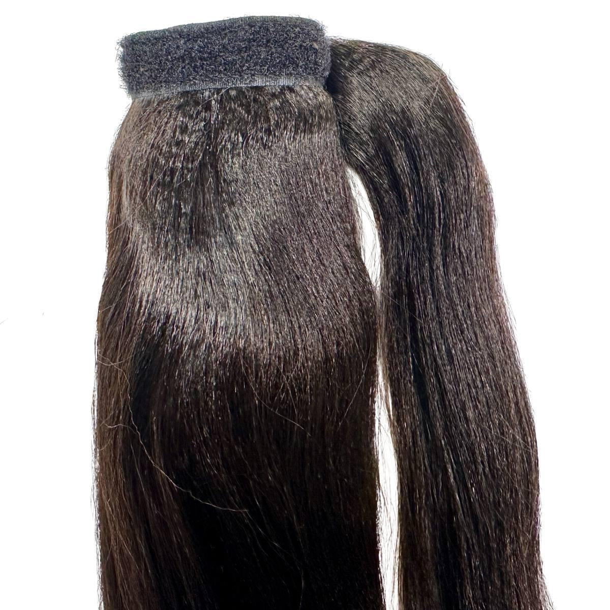 Yaki Straight Ponytail - Natural black 1B yaki straight wrap-around ponytail showing velcro attachment strap and smooth straight lengths