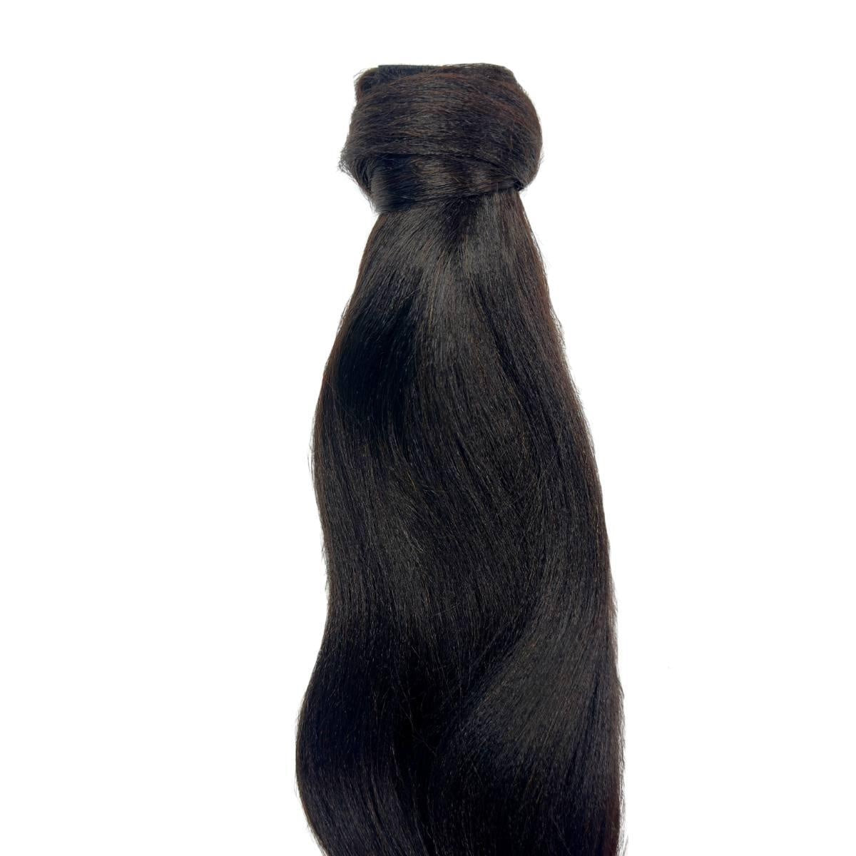 Yaki Straight Ponytail - Full-length natural black 1B yaki straight ponytail extension displayed vertically, sleek straight texture on white