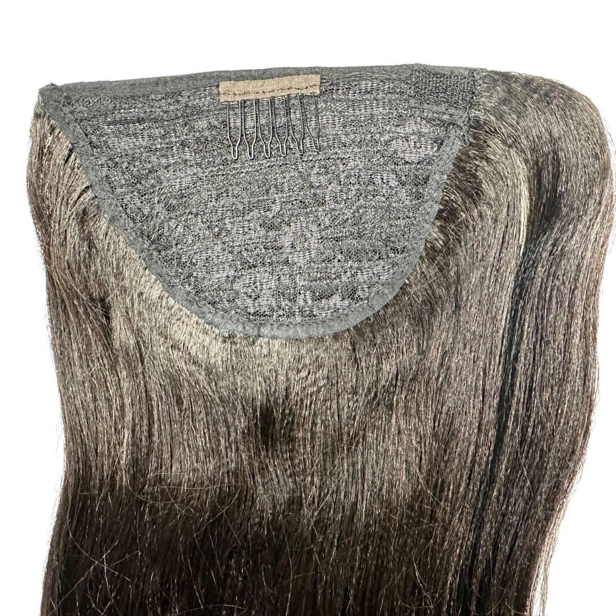 Yaki Straight Ponytail - Back of natural black 1B yaki straight ponytail showing lace mesh cap base and insertion comb attachment
