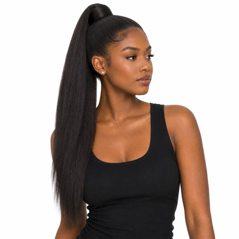 Model with head turned wearing a high sleek ponytail of yaki straight natural black hair extensions with a hair wrapped base