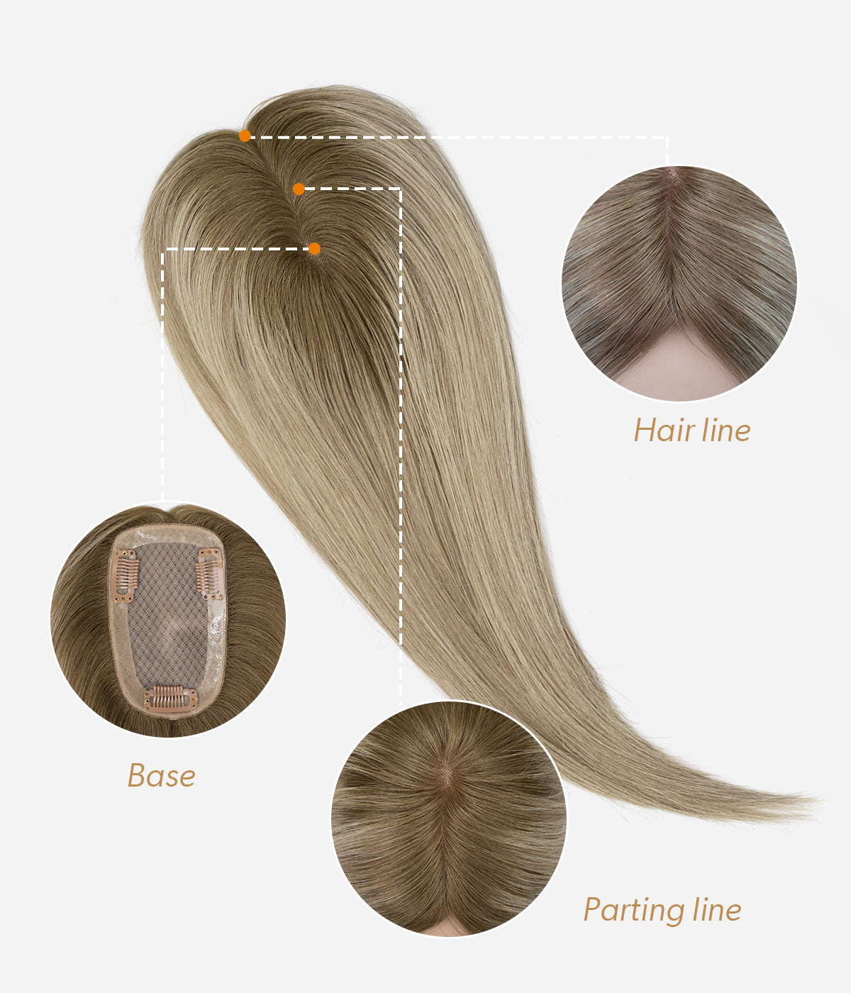 Clip-In Human Hair Topper - Full Mono 3x5 detail of base, hairline and natural parting line