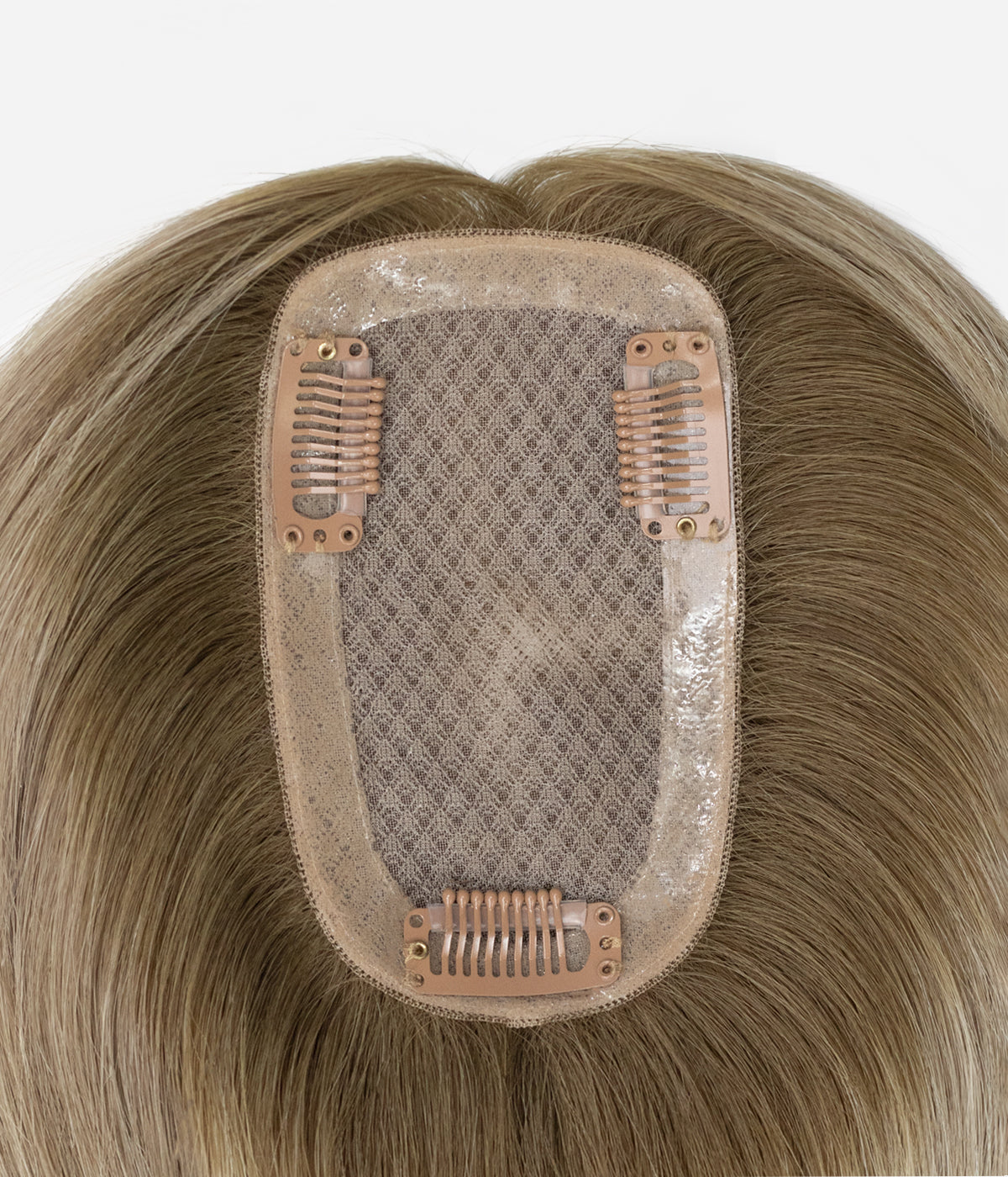 Clip-In Human Hair Topper - Full Mono 3x5 base top view showing mono cap and snap clips