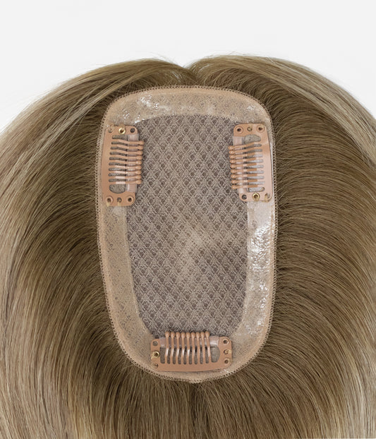 Clip-In Human Hair Topper - Full Mono 3x5 base top view showing mono cap and snap clips
