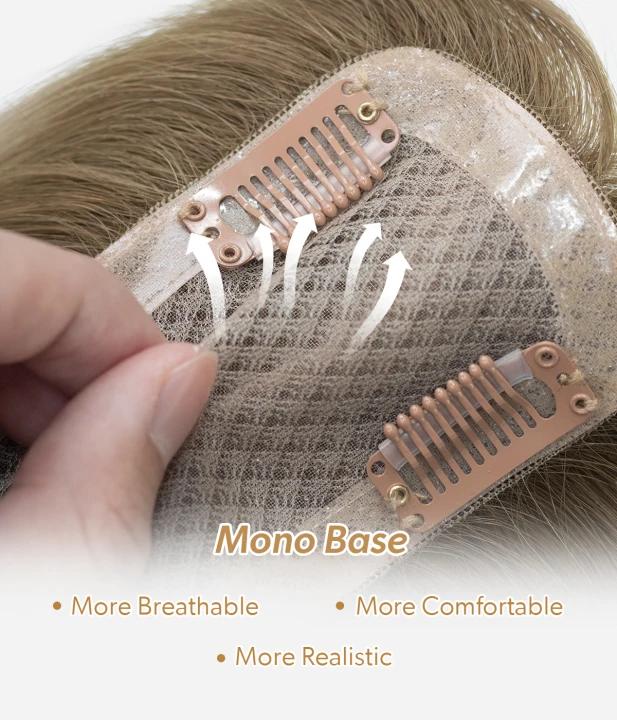Clip-In Human Hair Topper - Full Mono 3x5 close-up of breathable mono base and snap clip