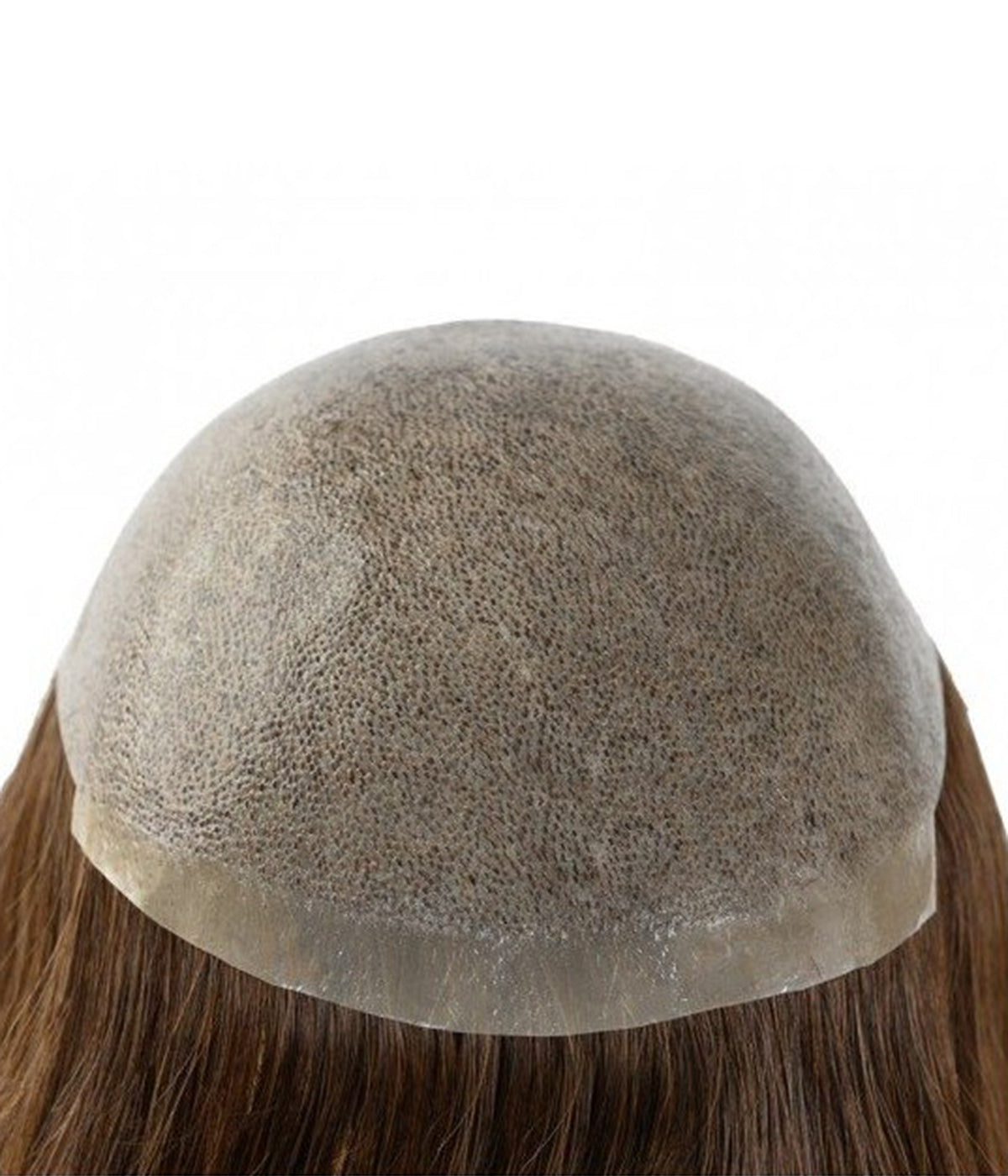 Human Hair Topper - Full Skin Base Women's System 7x9 - poly skin cap top view with brown hair