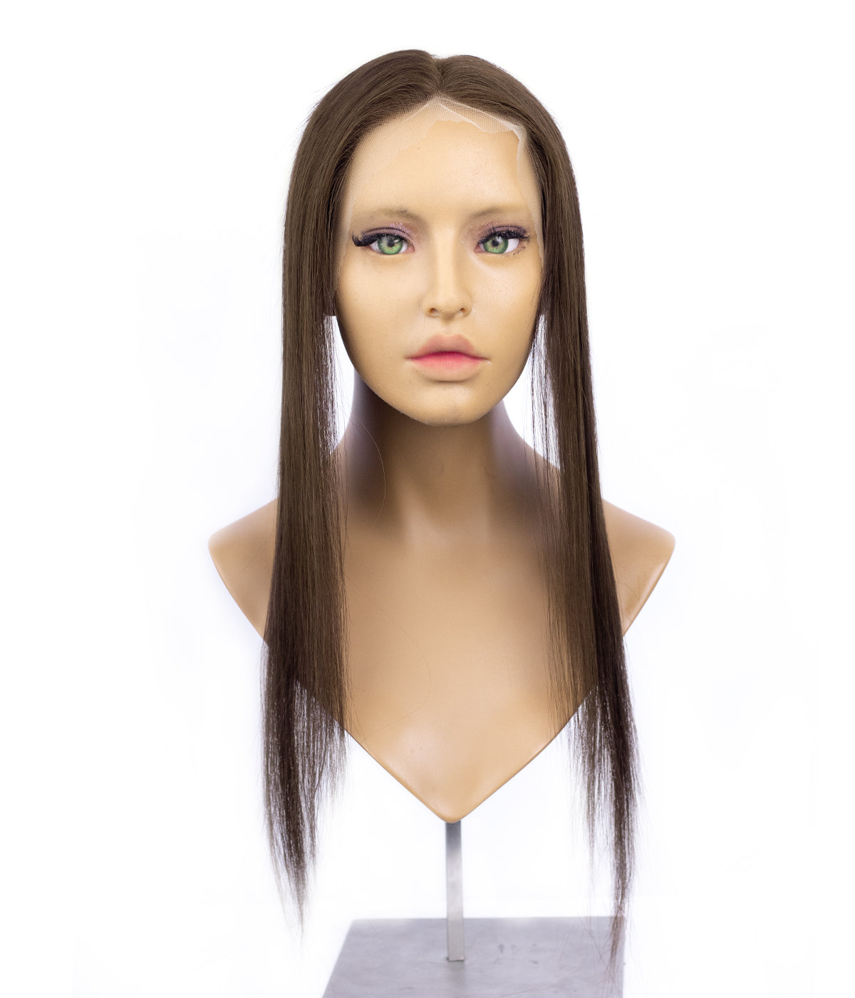 Human Hair Topper - Hairline Full HD Lace 2x12 - Medium Brown (#4) straight, on mannequin head