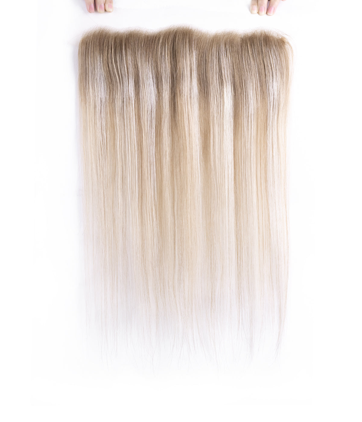Human Hair Topper - Hairline Full HD Lace 2x12 - Blonde (#TBL) rooted straight strand swatch