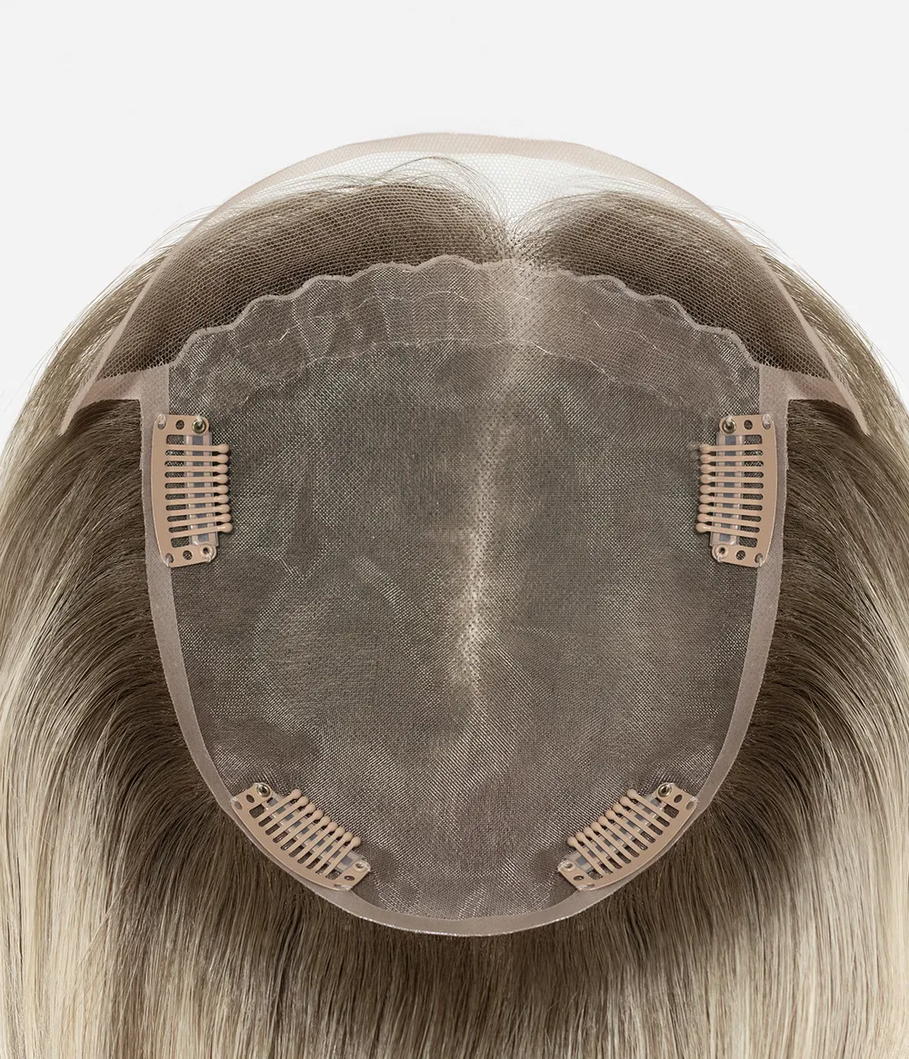 Human Hair Topper - Mono Top with Lace Front 5.5x6.5 - cap base showing clips, lace front and mono top