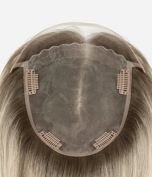 Human Hair Topper - Mono Top with Lace Front 5.5x6.5 - cap base showing clips, lace front and mono top
