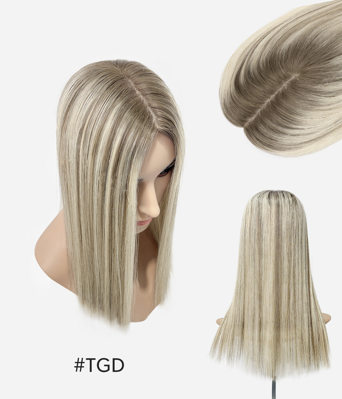 Human Hair Topper - Mono Top with Lace Front 5.5x6.5 - Vanilla Butter Blonde (#TGD), three-view