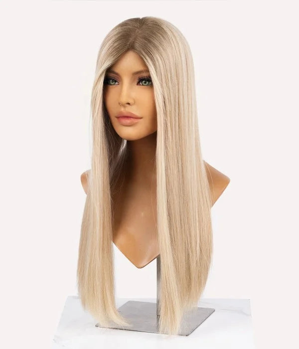 Human Hair Topper - Mono Top with Weft Back 7x8 - Cali Blonde (#660R) on mannequin, long straight front view