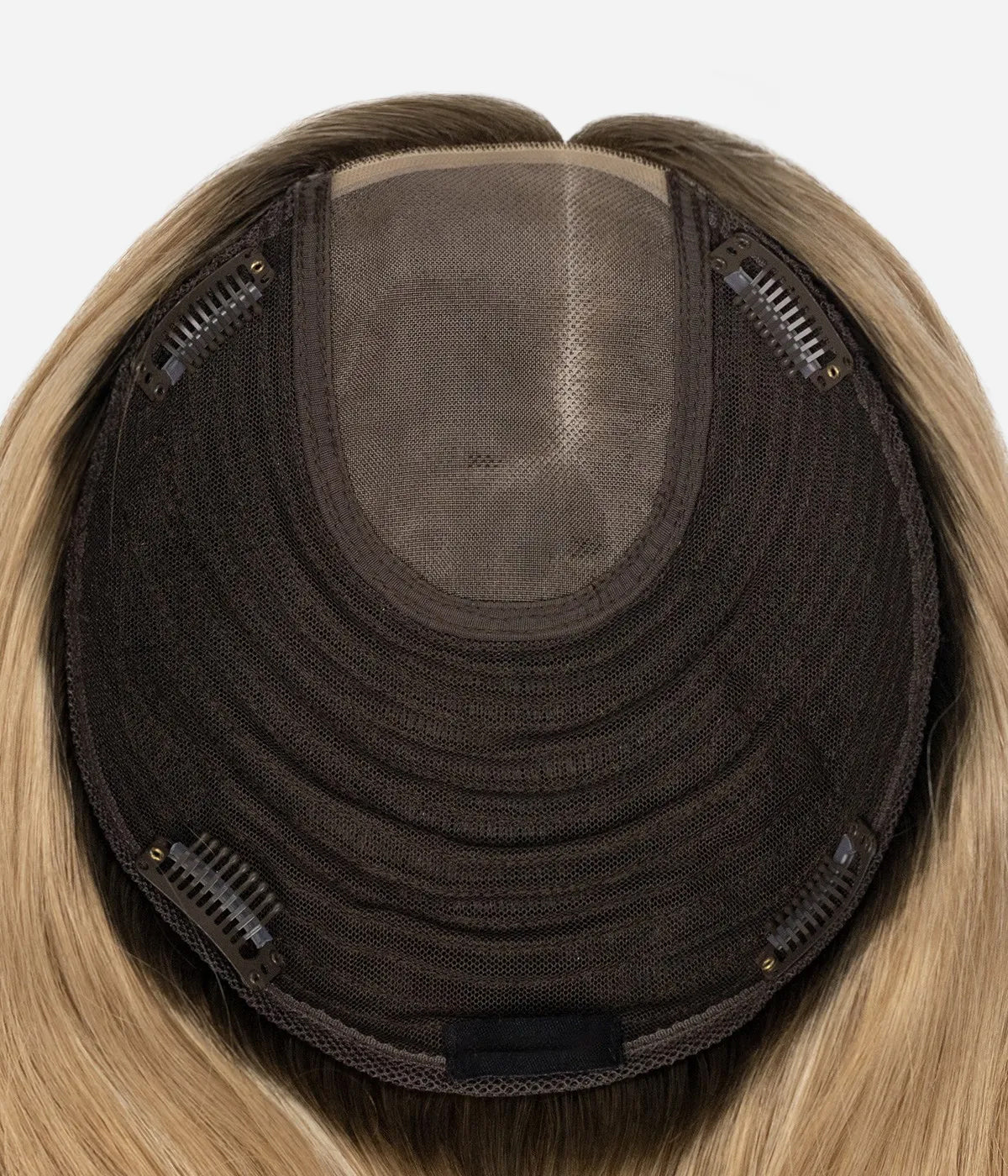 Human Hair Topper - Mono Top with Weft Back 7x8 - base cap showing mono top, wefted back and snap clips