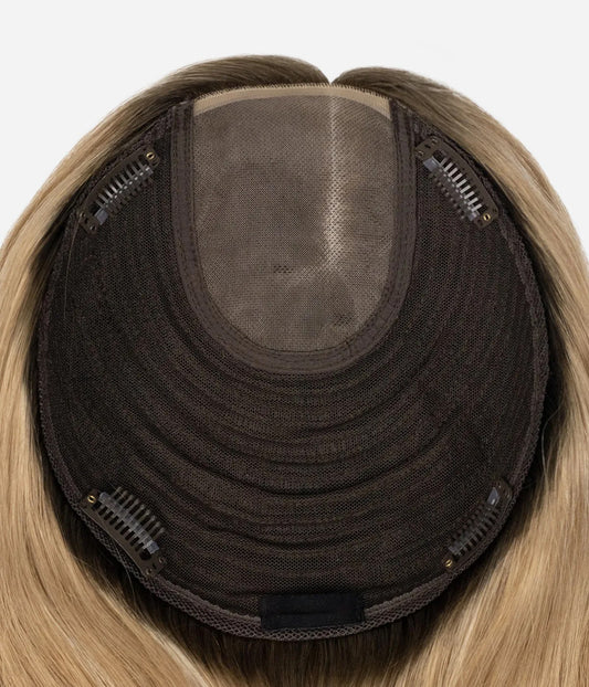 Human Hair Topper - Mono Top with Weft Back 7x8 - base cap showing mono top, wefted back and snap clips