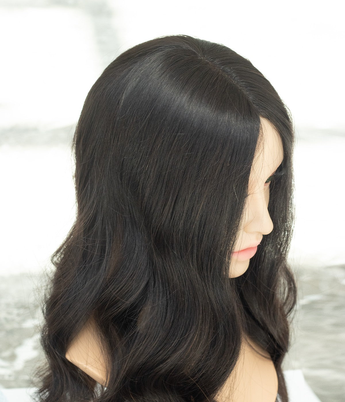 Human Hair Topper - Mono Top with Weft Back 7x8 - Natural Black with Brown Shades (#NB) on mannequin, side view