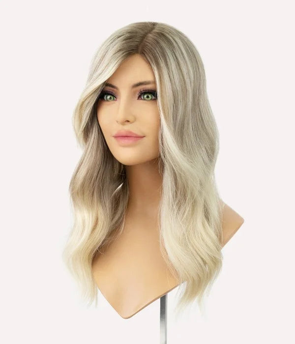 Human Hair Topper - Mono Top with Weft Back 7x8 - Glacier Melt (#TGM) blonde on mannequin, front view
