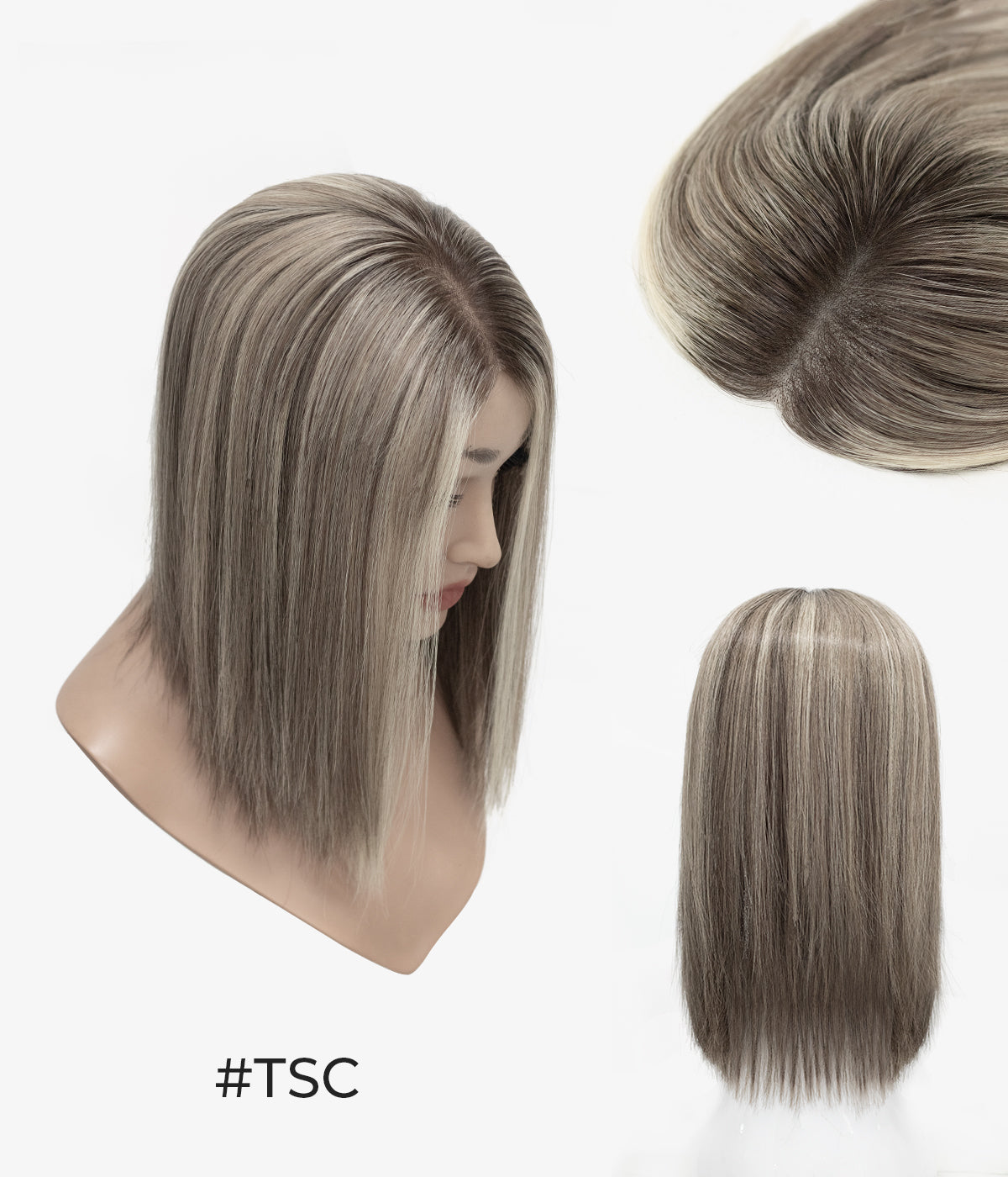Human Hair Topper - Mono Top with Weft Back 7x8 - Smoky Canyon (#TSC) ash blonde, side, top and back views