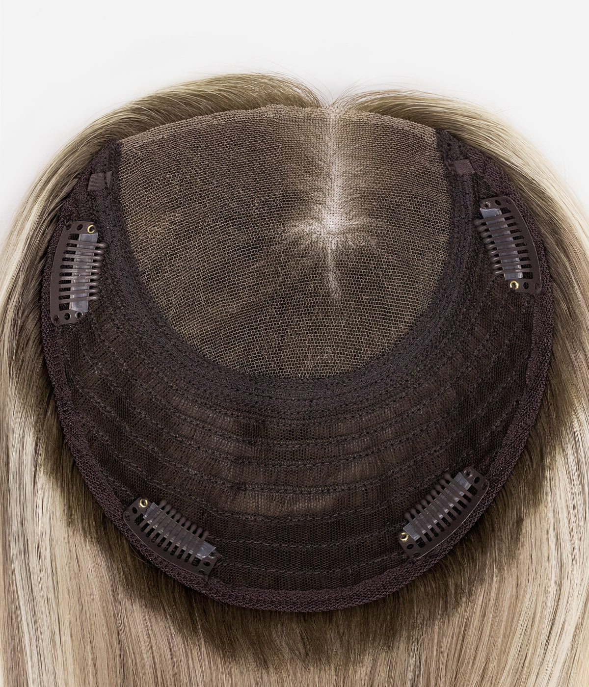 Human Hair Topper - No-Trim Lace 6.5x7 - underside showing lace cap base with four snap clips