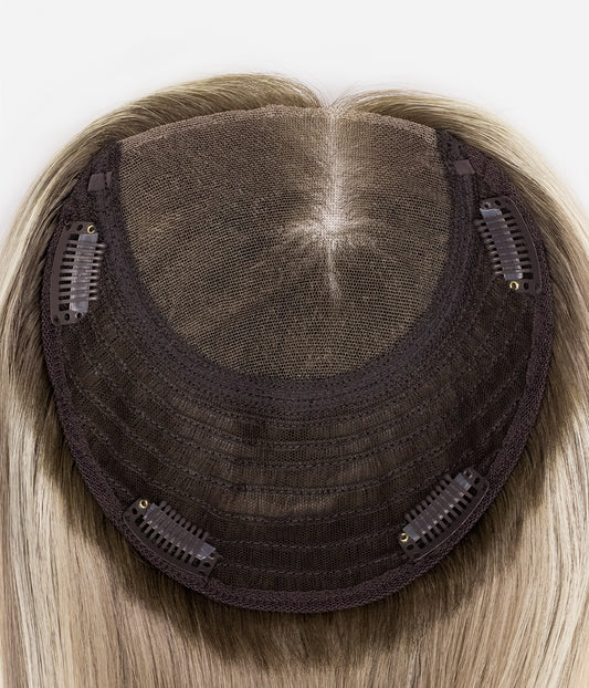 Human Hair Topper - No-Trim Lace 6.5x7 - underside showing lace cap base with four snap clips