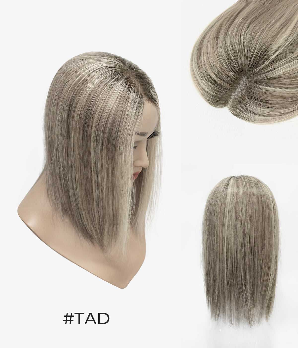Human Hair Topper - No-Trim Lace 6.5x7 - Arctic Dawn (#TAD) ash-blonde blend on mannequin, top and back views