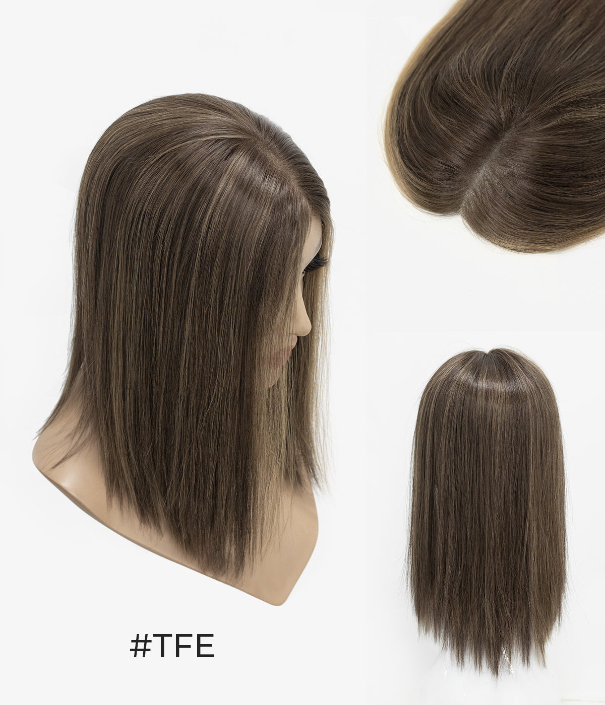 Human Hair Topper - No-Trim Lace 6.5x7 - Mousse Brown (#TFE) on mannequin, top and back views