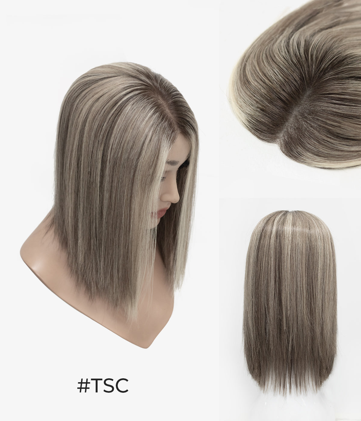Human Hair Topper - No-Trim Lace 6.5x7 - Smoky Canyon (#TSC) blonde-ash blend on mannequin, top and back views