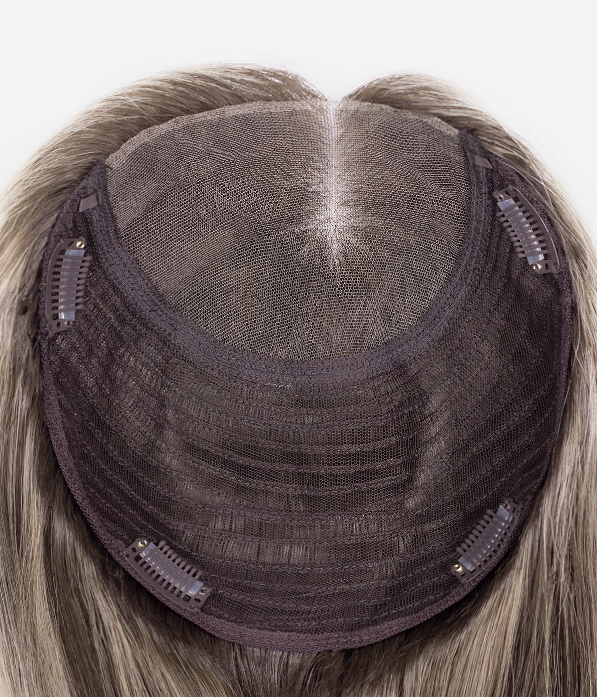 Human Hair Topper - No-Trim Lace 8.5x9 - underside showing lace cap base, wefting and four snap clips