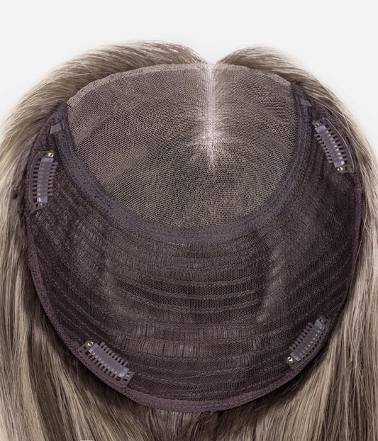 Human Hair Topper - No-Trim Lace 8.5x9 - underside showing lace cap base, wefting and four snap clips