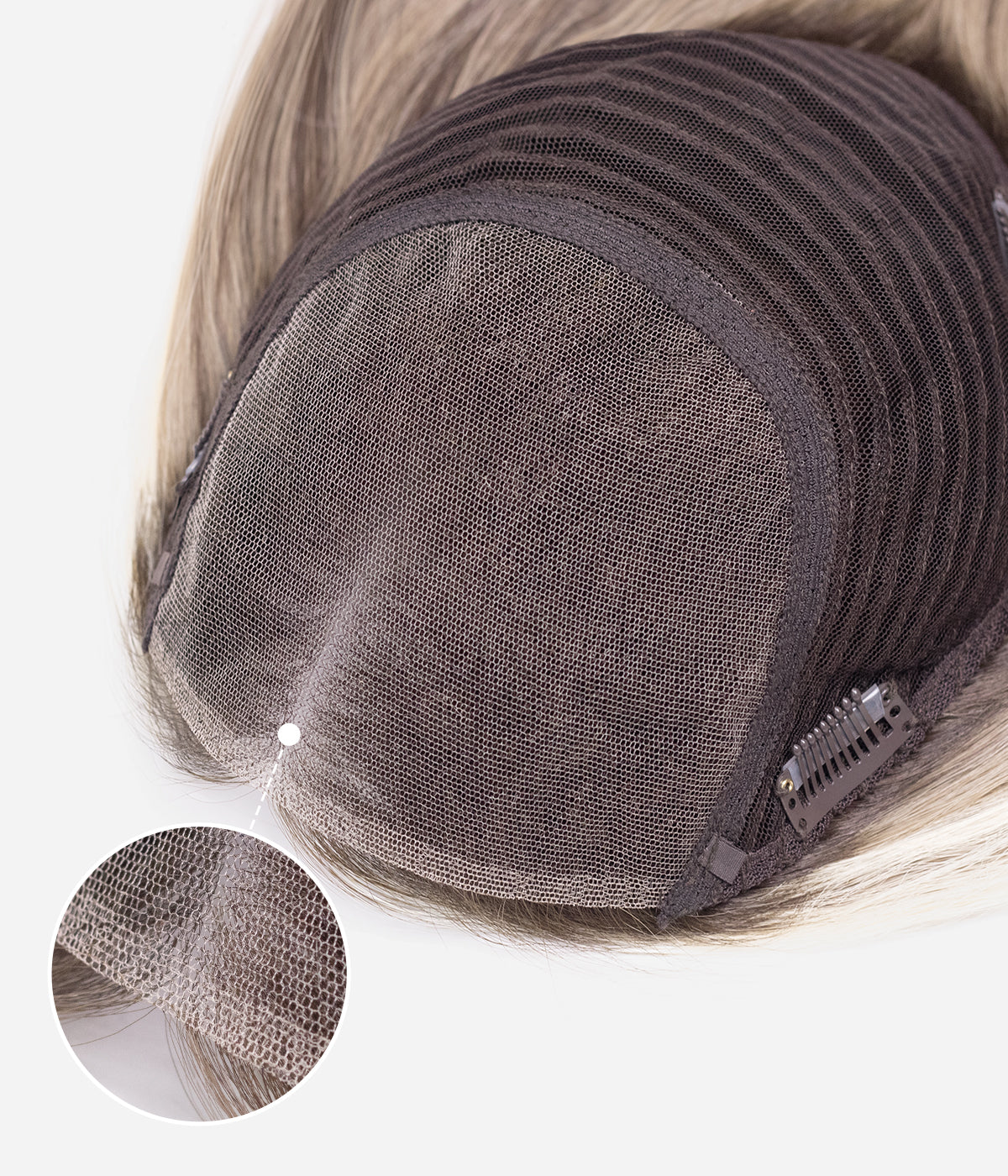 Human Hair Topper - No-Trim Lace 8.5x9 - close-up of no-trim lace cap edge and clip