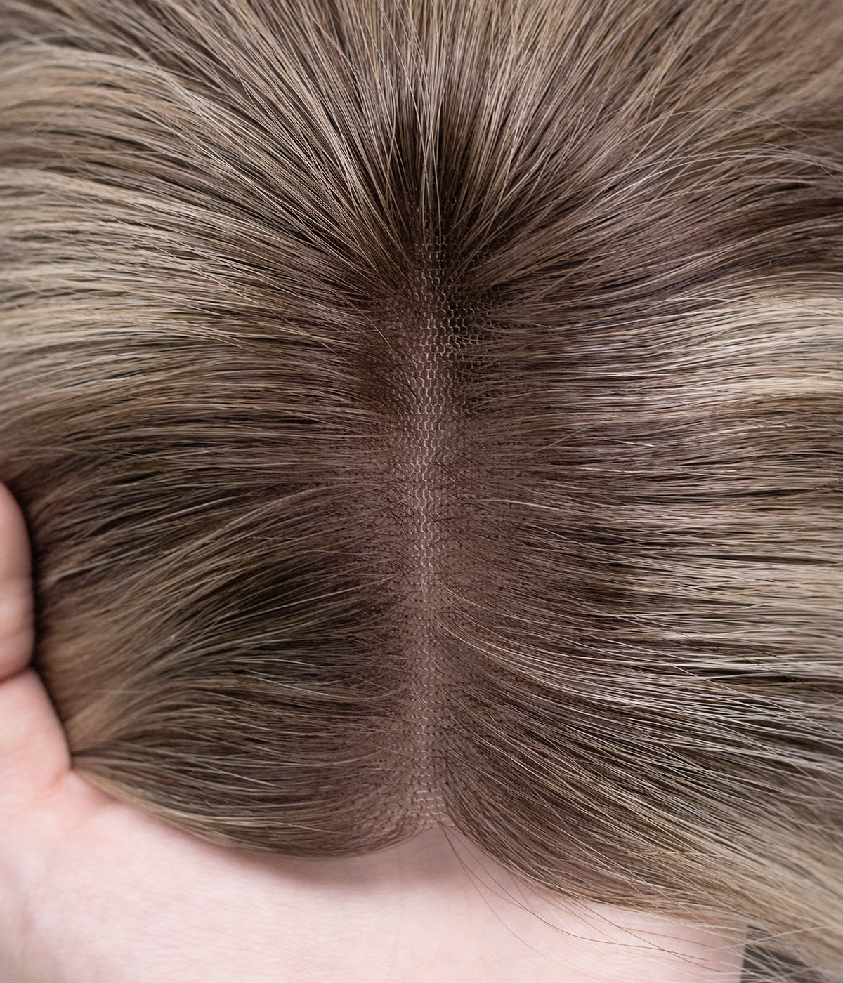 Human Hair Topper - No-Trim Lace 8.5x9 - close-up of natural lace part with realistic root and scalp