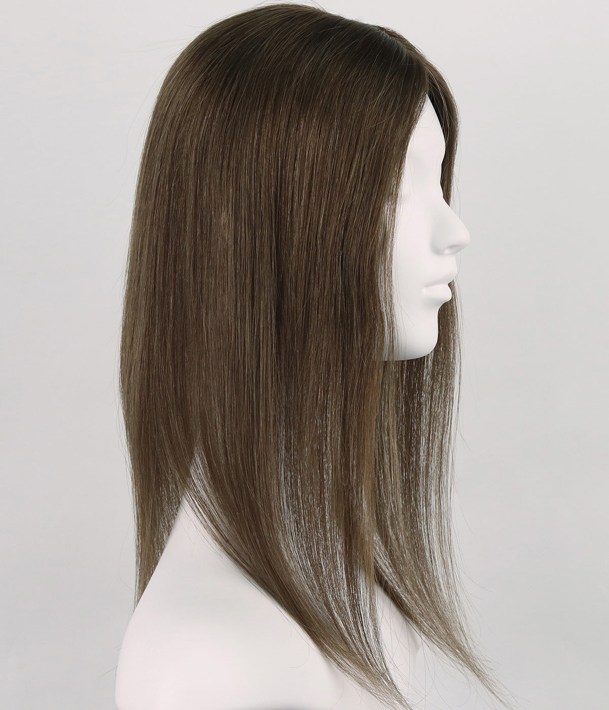 Human Hair Topper - Silk Part with Microline 6x6.5 - medium brown straight, on mannequin side view