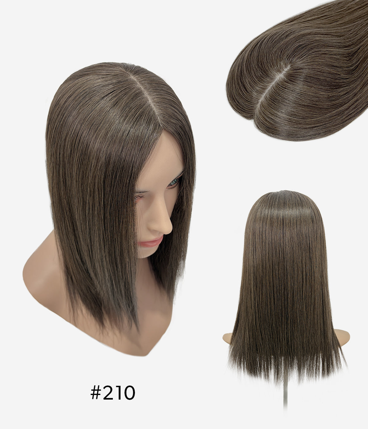 Human Hair Topper - Silk Top with Weft Back 6x6 - Truffle Brown (#210) shown from three angles on mannequin