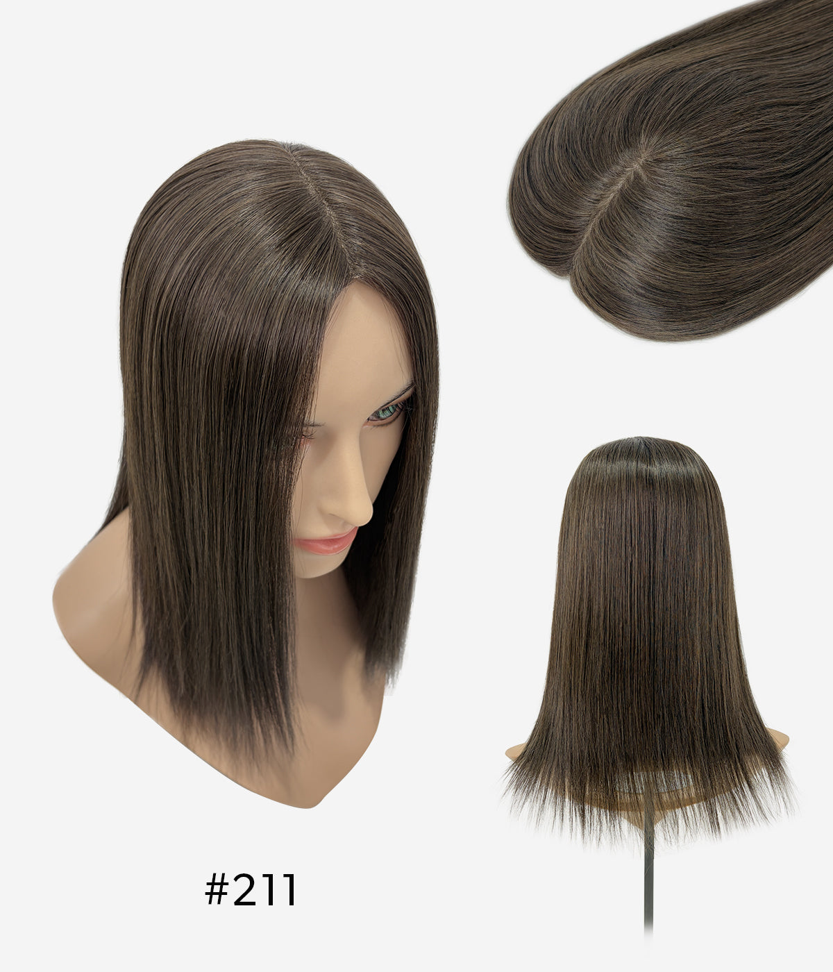 Human Hair Topper - Silk Top with Weft Back 6x6 - Espresso Brown (#211) shown from three angles on mannequin