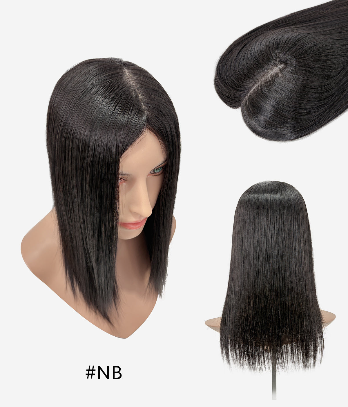 Human Hair Topper - Silk Top with Weft Back 6x6 - Natural Black with Brown Shades (#NB), three angles on mannequin