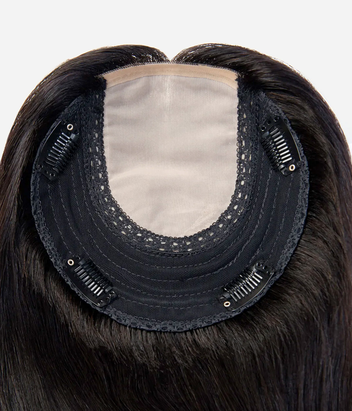Human Hair Topper - Silk Top with Weft Back 6x6 - underside showing silk top base, wefted back and four snap clips
