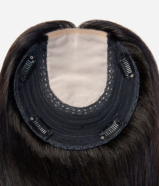 Human Hair Topper - Silk Top with Weft Back 6x6 - underside showing silk top base, wefted back and four snap clips