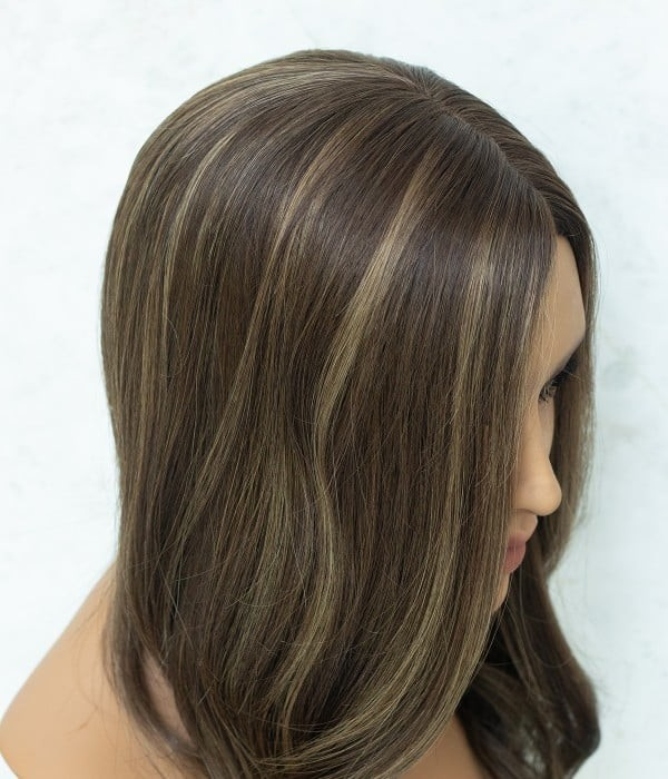 Human Hair Topper - Silk Top with Weft Back 6x6 - styled on model, side view of brown hair with highlights