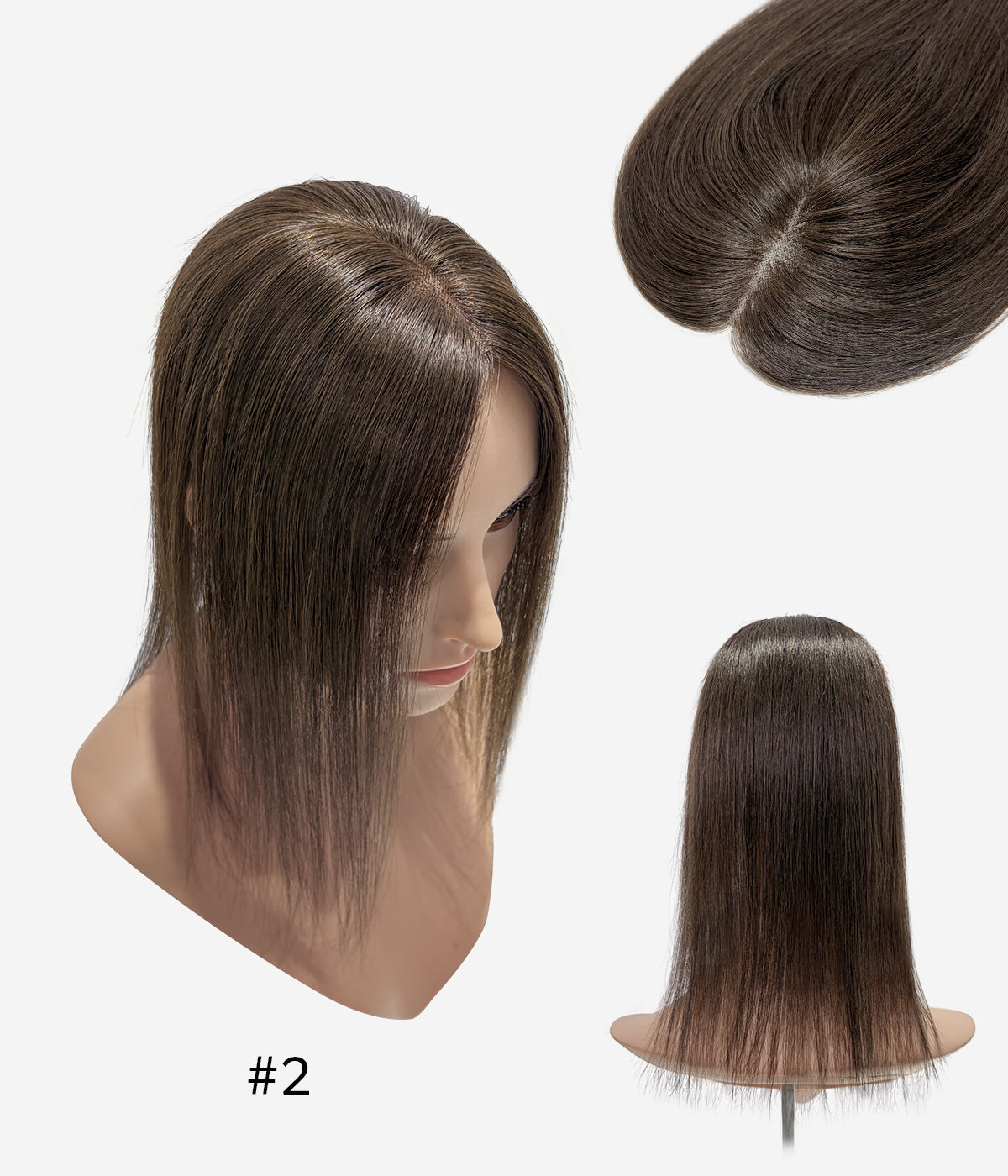 Tape-In Human Hair Topper - Mono Base 3x5 - Dark Brown (#2) on mannequin, front, top and back views