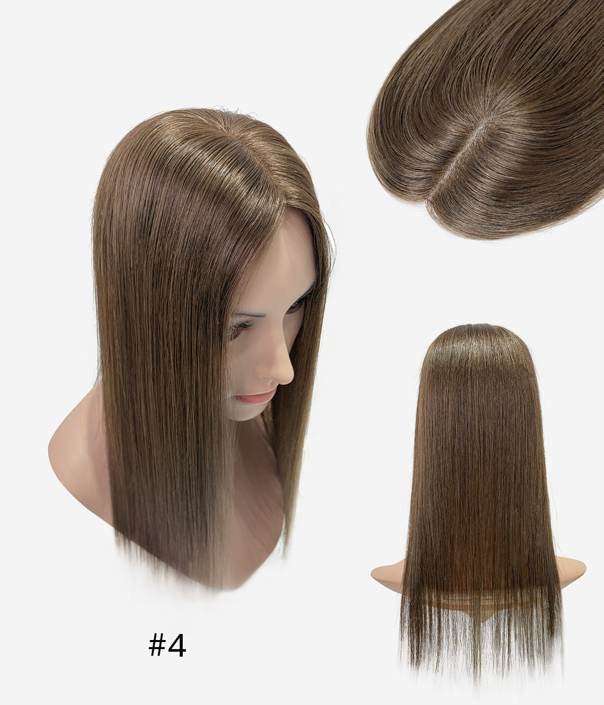 Tape-In Human Hair Topper - Mono Base 3x5 - Medium Brown (#4) on mannequin, front, top and back views