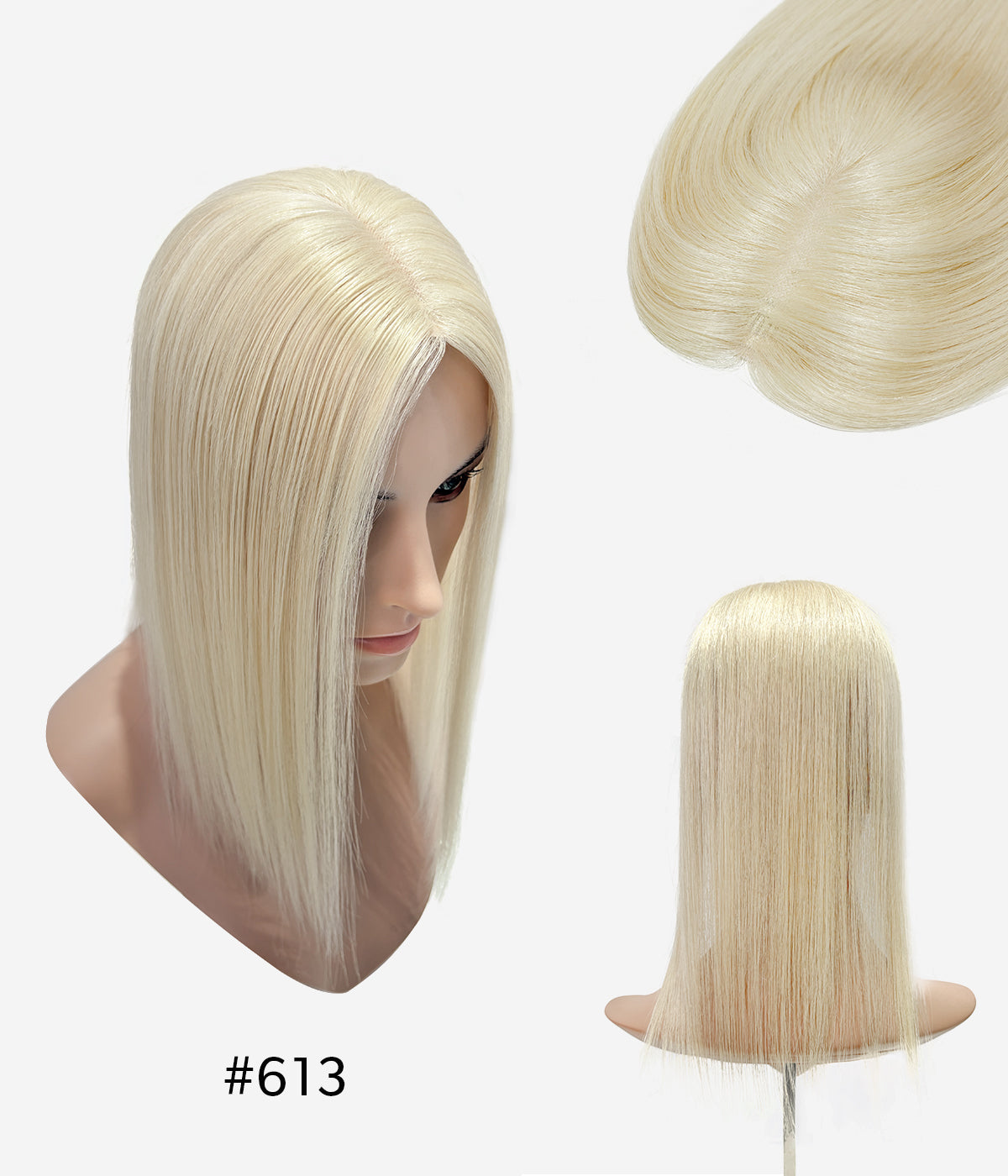 Tape-In Human Hair Topper - Mono Base 3x5 - Blonde (#613) on mannequin, front, top and back views