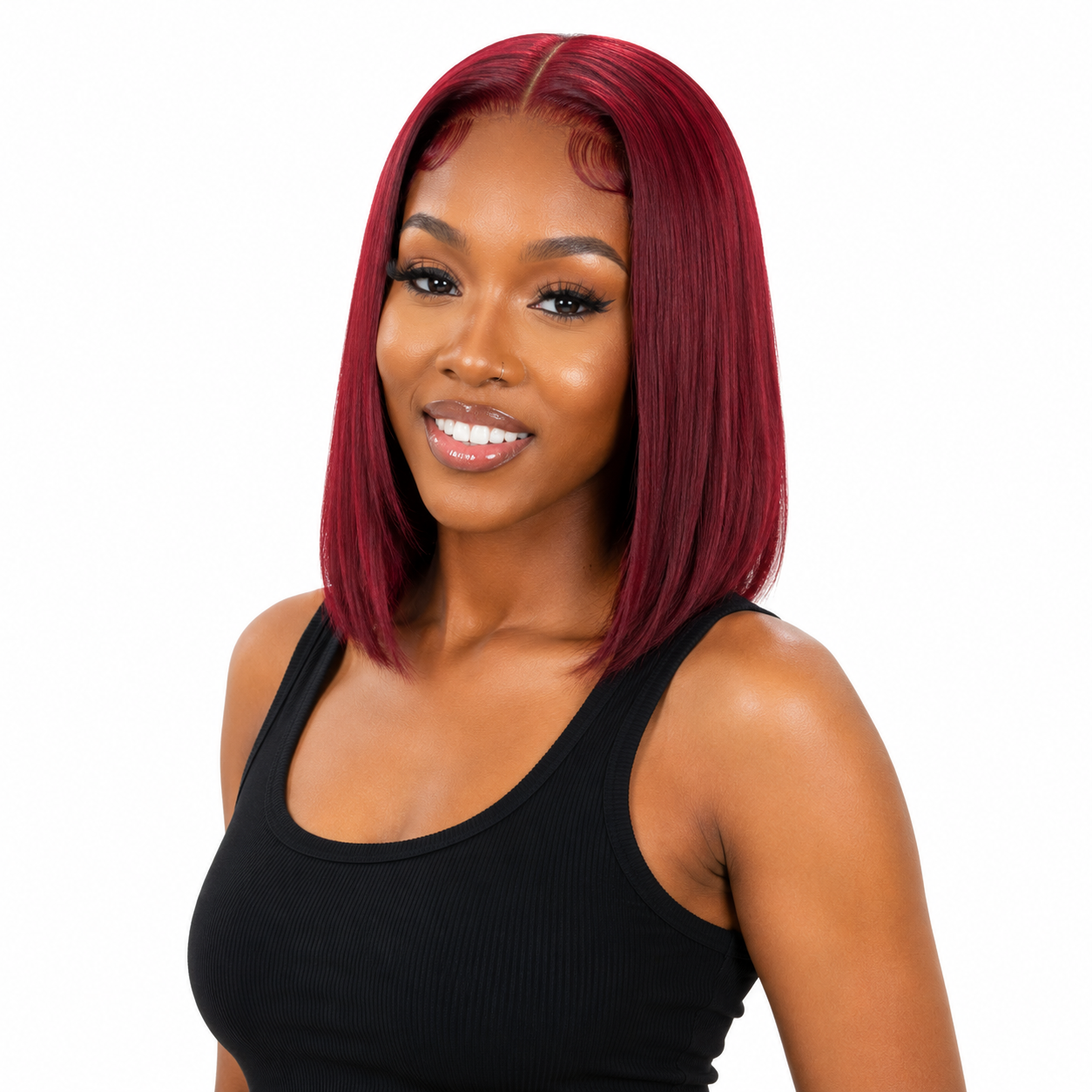 Cherry Red 13x4 Transparent Lace Front Bob Wig - front view worn by model