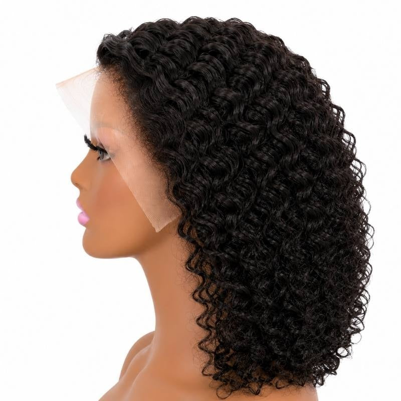 Side profile of a curly coffee brown bob human hair wig on a mannequin head with the transparent lace uncut at the front hairline