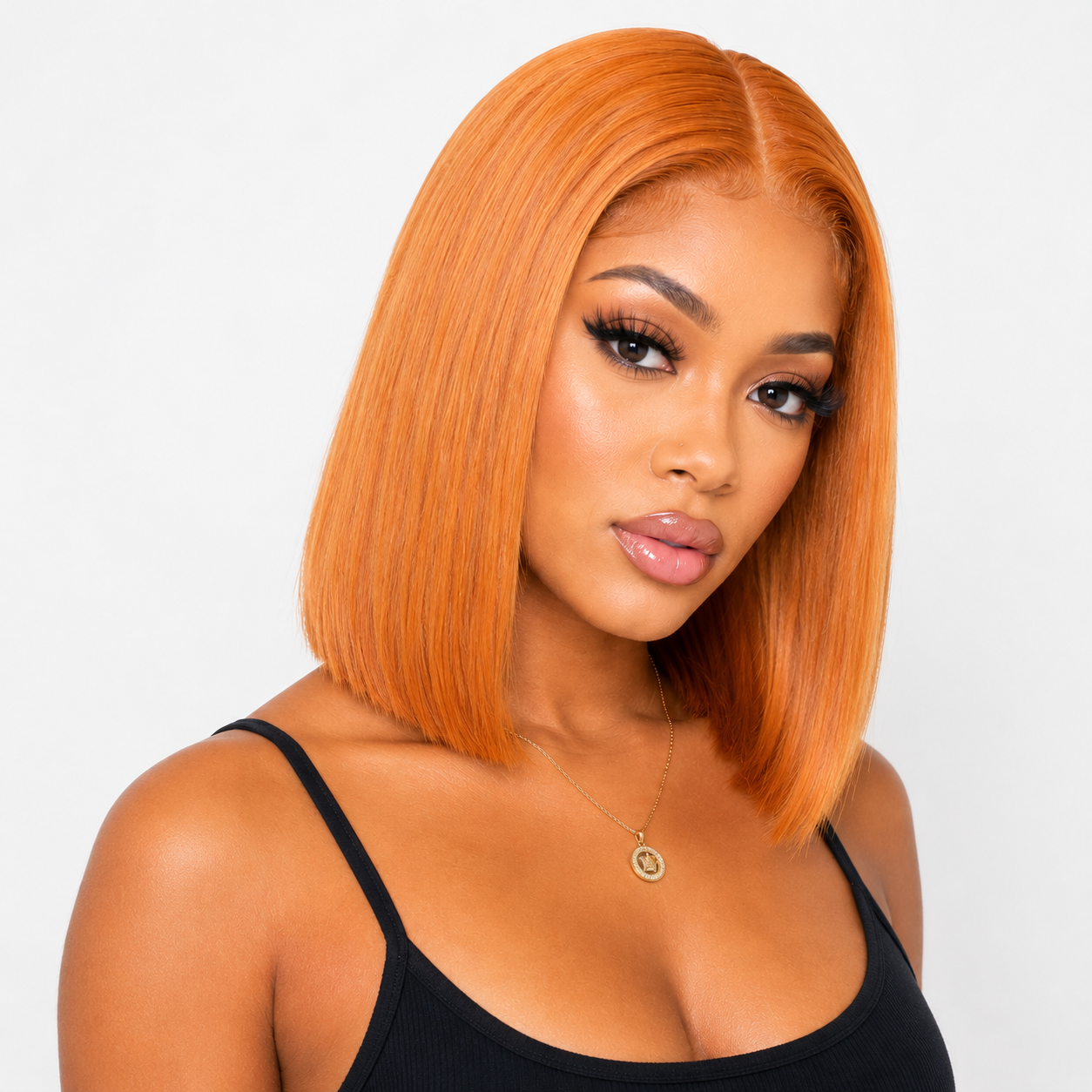 Cinnamon Orange Ginger 13x4 Transparent Lace Front Bob Wig - front view on model